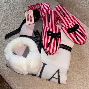 Victoria's Secret Gift Bundle Red and pink Striped Slippers and ear muffs